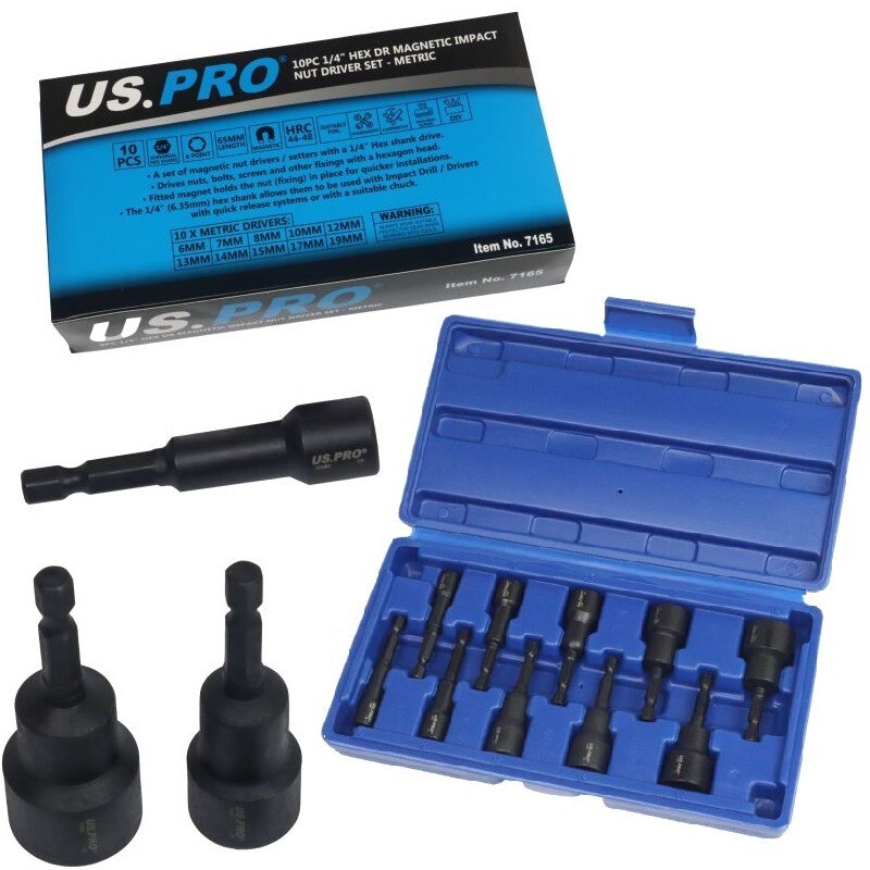 10pc Magnetic Impact Nut Driver Socket Set Metric 6mm/19mm Sizes 1/4"" Hex Drive