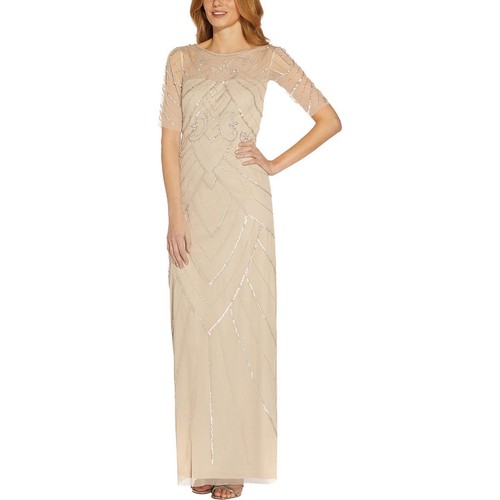 ADRIANNA PAPELL Womens Beige Metallic Zippered Pleated Gathered Short Sleeve Surplice Neckline Full-Length Evening Gown Dress