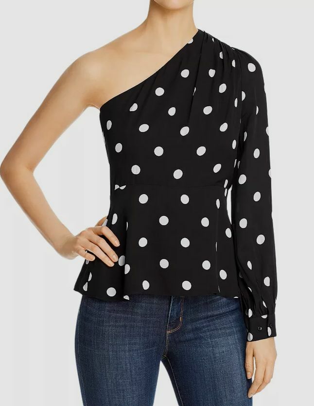 $214 Elie Tahari Women Black Polka Dot Fitted One Sleeve Top Shirt Blouse Size M