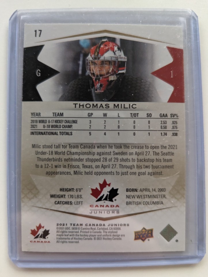 2021 UPPER DECK TEAM CANADA JUNIORS THOMAS MILIC U18 HIGH GLOSS 14/25