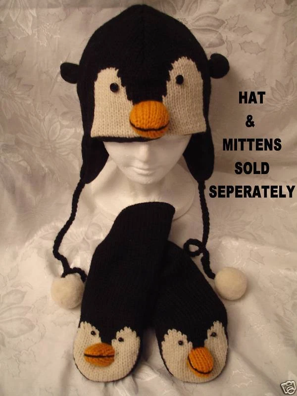 PENGUIN HAT ONLY - Knit ADULT ski cap Costume FLeeCe LINED ice hockey men womens