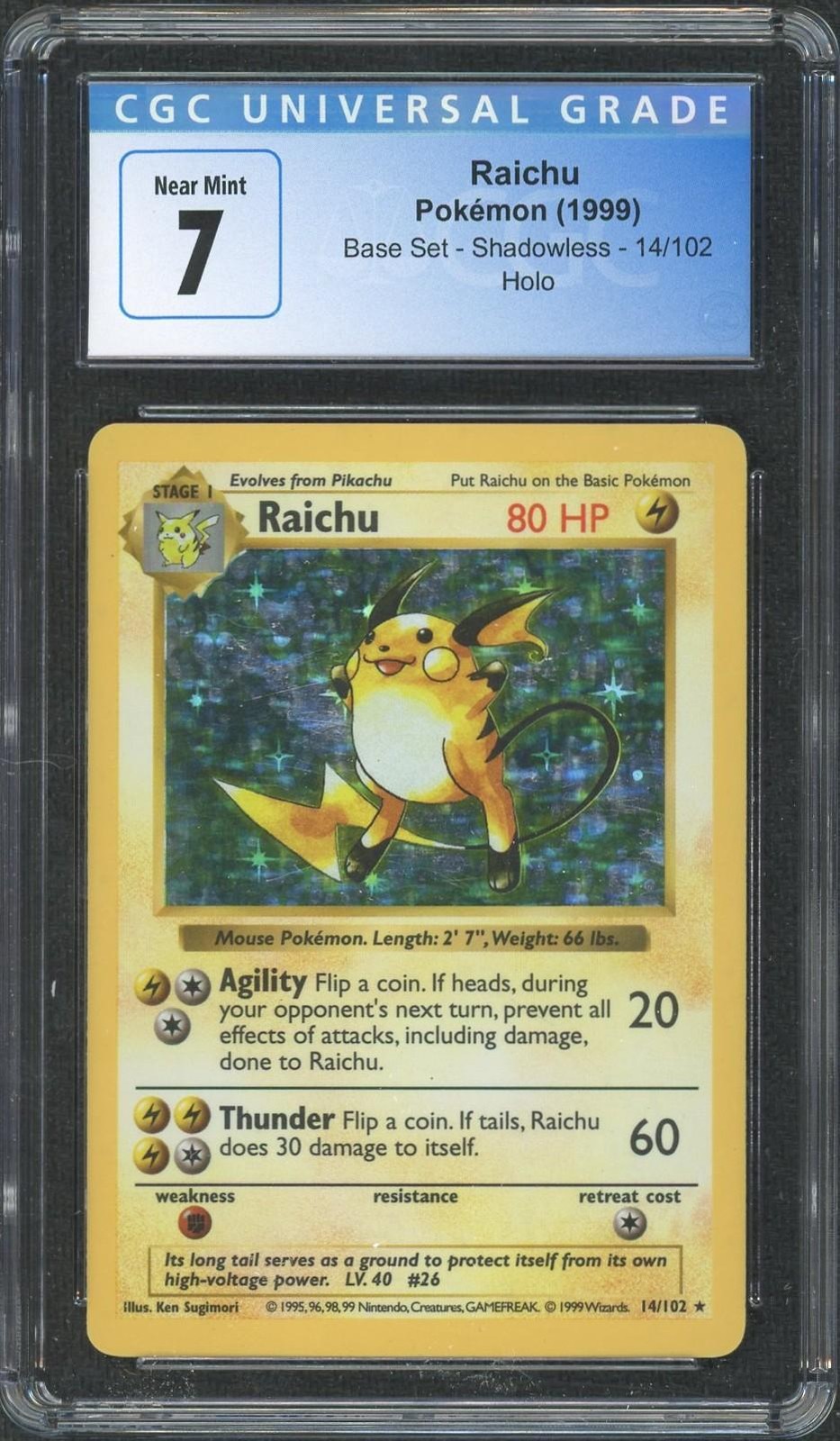 1999 Pokemon Base Set Shadowless Raichu Holo 14/102 CGC 7