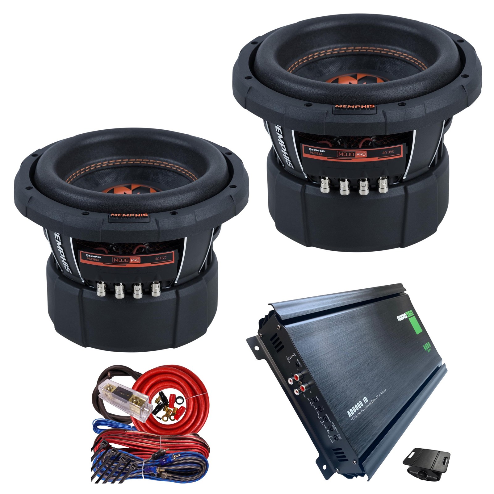 2x Memphis Audio MOJO Pro MJP844 3000W Subwoofers + Audio360 6000W Car Amp + Kit