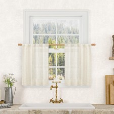 Short Kitchen Linen Curtains 24 Inch Cream Ivory Semi Sheer Light Filtering 2