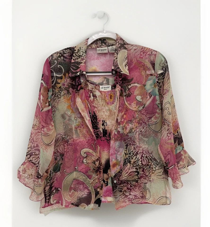 Blusa y camiseta sin mangas vintage Fairy Core floral transparente talla 10p Liz Baker Petite 2 piezas Foto 2 de 4