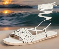 TORY BURCH BASKETWEAVE ESPADRILLE ANKLE WRAP LEATHER SANDAL NEW CREAM SZ US 7.5