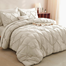 CozyLux King Size Comforter Set Oatmeal, 7 Pieces Pintuck Bed King, Oatmeal