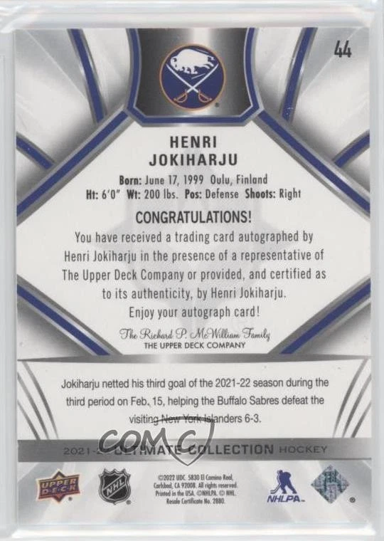 2021-22 Upper Deck Ultimate Collection Auto Henri Jokiharju #44 Auto - Image 2 of 2