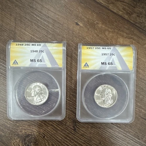 Washington Silver  Quarters 1948 & 1957 MS65 ANACS Certified Unc 25C