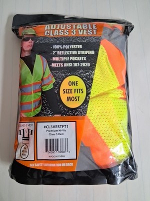 Adjustable Class 3 Safety Yellow Vest Premium Hi-Vis Multiple Pockets 100% poly