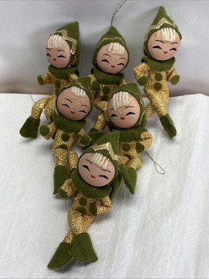 Vintage 6pc Green Gold Knee Hugger Pixie Elves Christmas Ornaments MCM