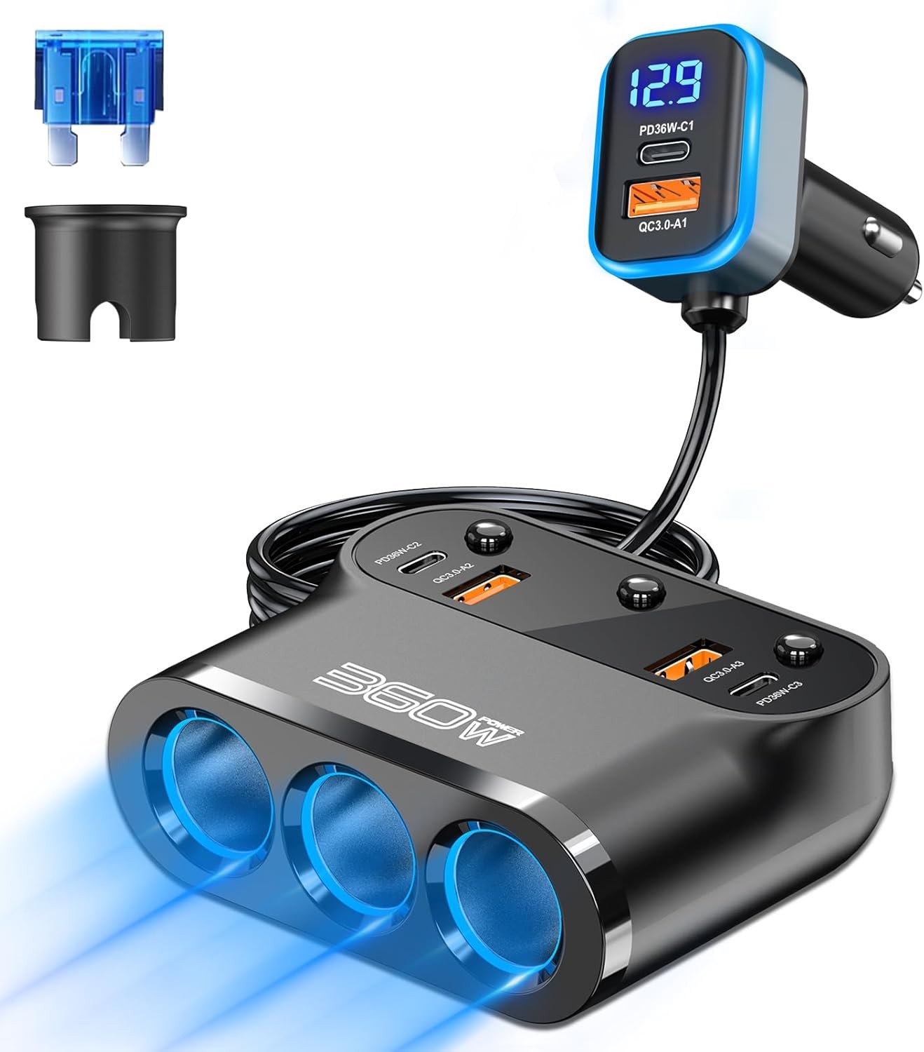 Splitter Adapter 360W: 12v Splitter 3 Socket Car Charger Extension Triple USB C