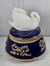 Teleflora Porcelain Swan Music Box Plays Swan Lake Royal Blue & Gold Trinket Box