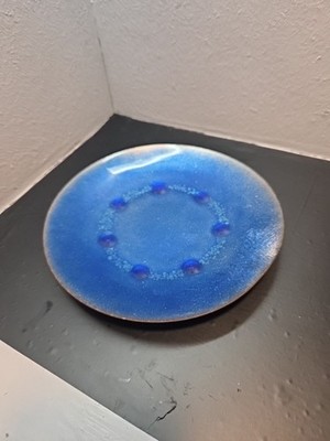 Vtg MCM Enamel on Copper 8'' Blue Modernist Plate Robert Wuersch Fall River MA 