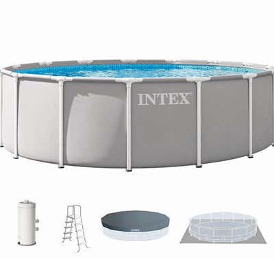 Intex Prism Frame 15ft Round 48in Above Ground Pool Set w/ Pump Ladder Cover