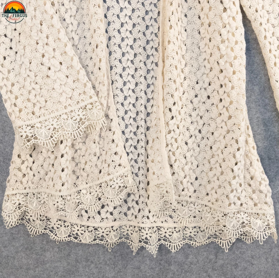 Suéter de encaje Monteau marfil algodón kimono frente abierto hippie plumero para mujer talla L Foto 4 de 4