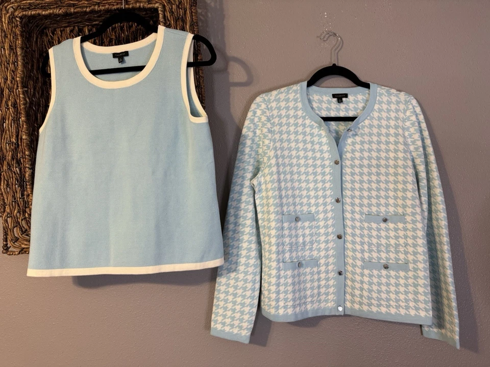 Cárdigan Suéter Talbots Mujer M Mediano Azul Blanco Twinset Algodón Pata de Gallo Foto 4 de 4