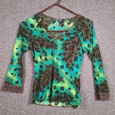 Guess USA Women's Size Large Peacock Design V-Neck Blouse with Lace
