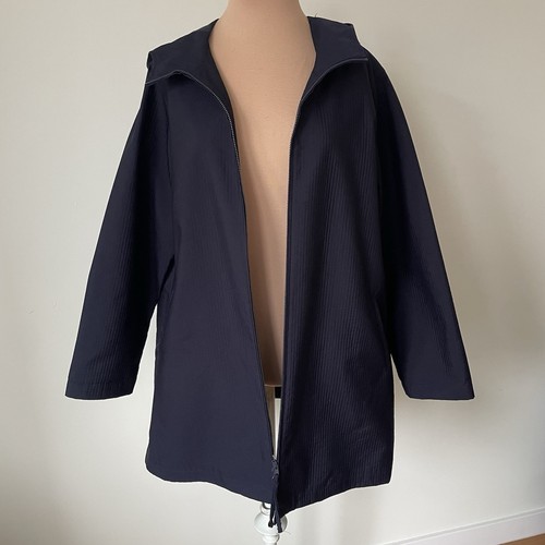 Eileen Fisher Hooded Channeled Rainwear Navy Blue Double Zip Coat EUC Size MP - Picture 5 of 12