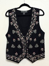 Agapo Collection Black Floral Embroidered Vest Boho Cottagecore Medium VTG 90 s