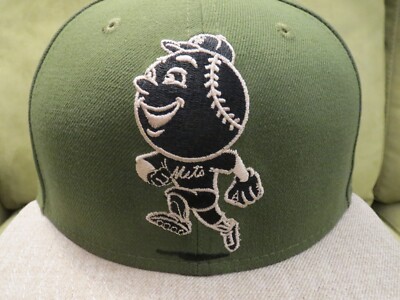 New Era NY Mets Olive Green Fitted Hat, Black Mr. Met Mesh Logo