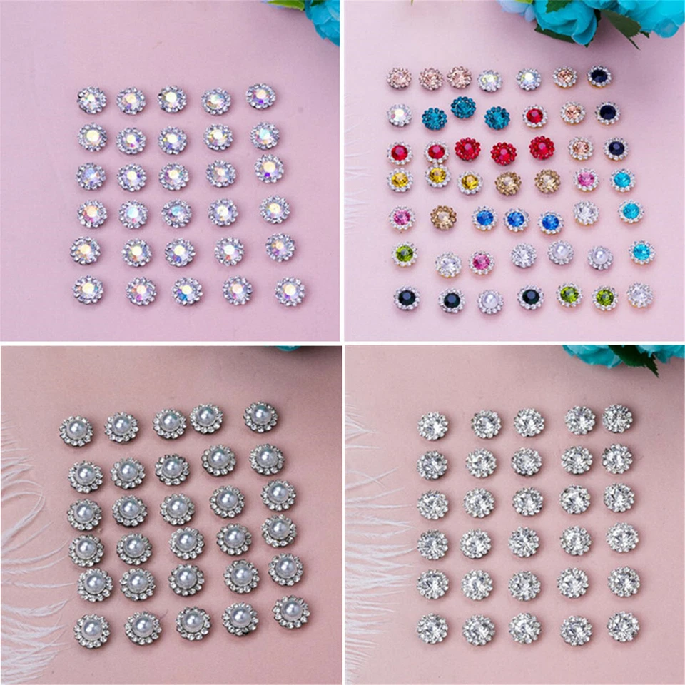 100Pcs Bling Crystal Rhinestone Pearl Flatback Buttons Wedding Embellishments - Image 2 of 2