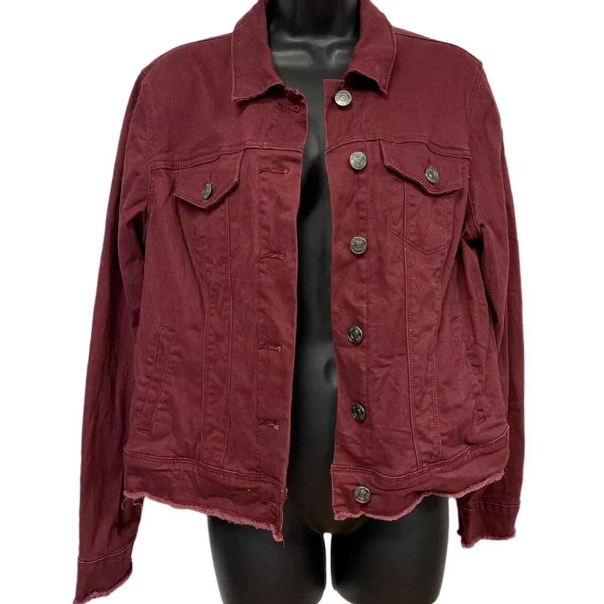 Nine West Cabernet Sarah Fray Hem Denim Jean Jacket Coat L Womens