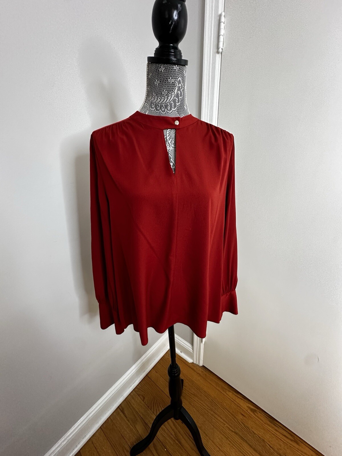 Women’s Burnt Orange/red Long Sleeve Mandarin Collar Blouse. V Cutout. Cuffed