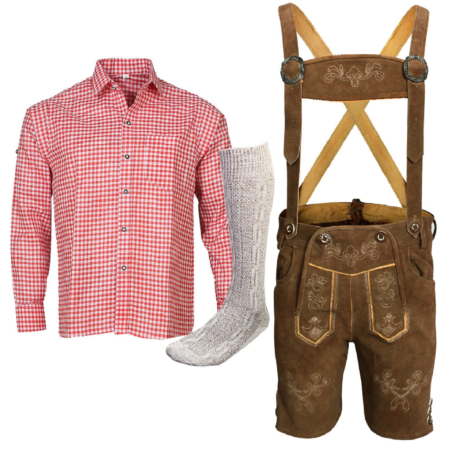 Oktoberfest Herren Outfit Komplett-Set – Lederhose Mit Trägern, Hemd, Socken, Hut (Größe XL)