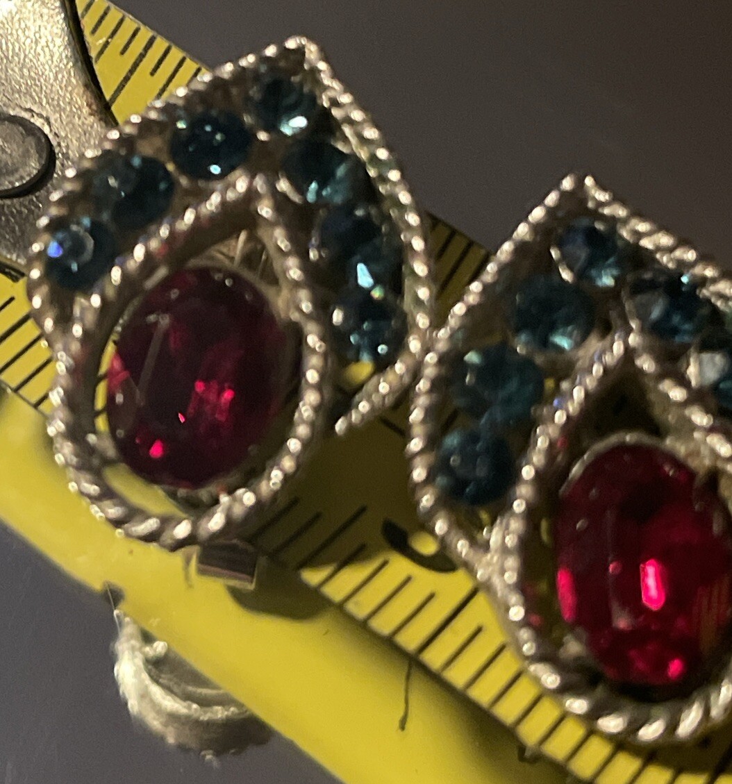 Crown Trifari Ruby Red & Blue Sapphire Rhinestone Sil… - Gem