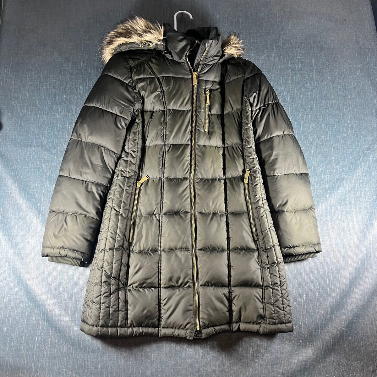 Liz Claiborne Womens Jacket Size S Puffer Green Full Zip Polyester Faux Fur  Trim