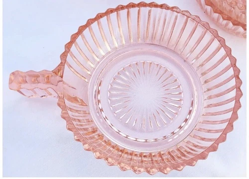6 Antique Anchor Hocking Queen Mary Pink Depression Glass Handled Dessert Bowls