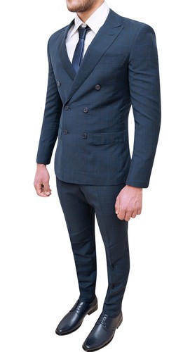 ELEGANTE ABITO UOMO BLU SCURO QUADRI COMPLETO VESTITO FORMALE DOPPIOPETTO |  eBay