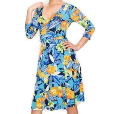 Janette Fashion Sea Blue Floral Faux Wrap Knee Length Dress
