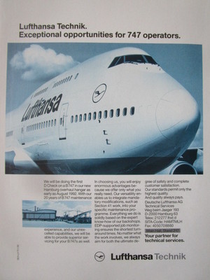 2/1992 PUB LUFTHANSA TECHNIK BOEING 747 AIRLINER MAINTENANCE ORIGINAL AD