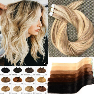100% Skin Weft Remy Tape In Human Hair Extensions THICK 80PCS Full Head Blonde F