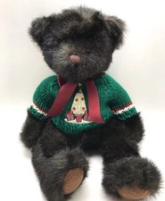 Vintage Russ Dickens Plush Bear Wearing a Christmas Tree Sweater 14" Dark Brown