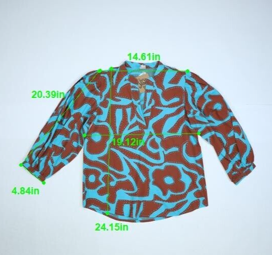 Ivu Jane Teal Brown Graphic Popover Top V-Neck Long Sleeve Loose