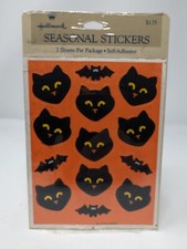 Vintage Hallmark Halloween Seasonal Stickers Fuzzy Cat Heads  Bats NOS Sealed