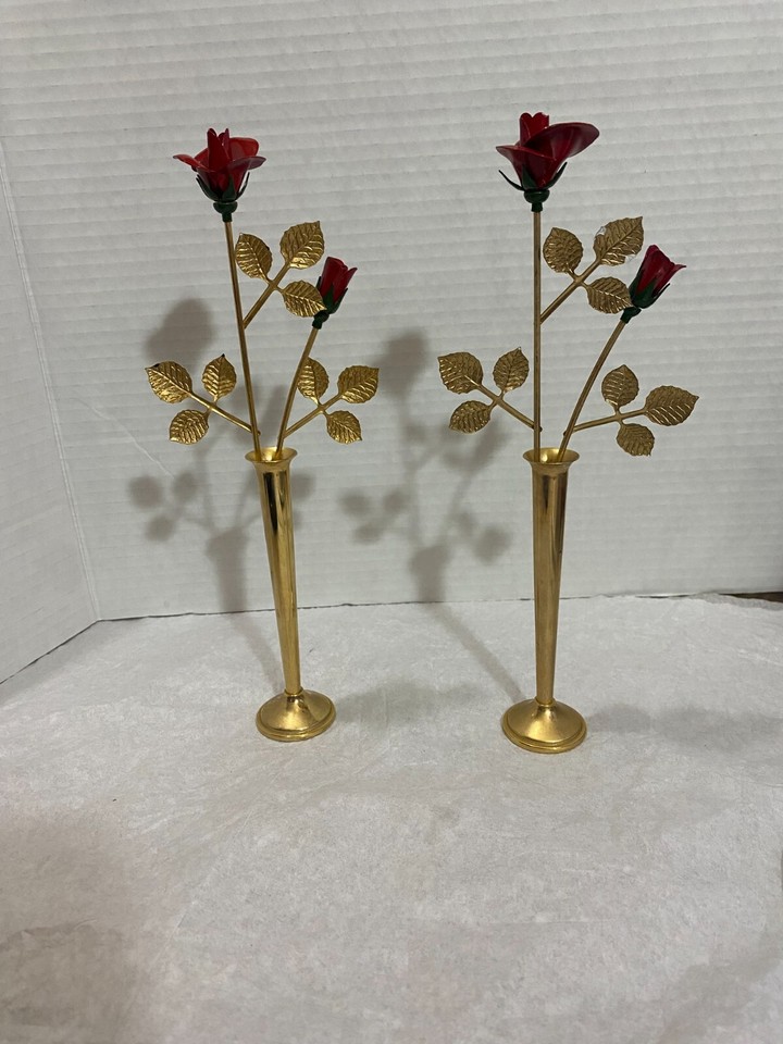 TED ARNOLD MCM METAL ROSE BUD FLOWERS IN VASE SET OF 2 eBay