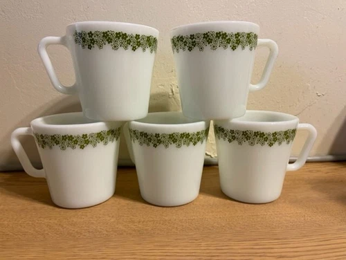 (5) EUC VTG PYREX GREEN WHITE CRAZY DAISY SPRING BLOSSOM MUGS CUPS HANDLED GLASS