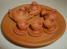Vtg Mini Red Clay Tea Set 12 Pieces Tea Pot Sugar Creamer 3 Cups /Saucers Tray