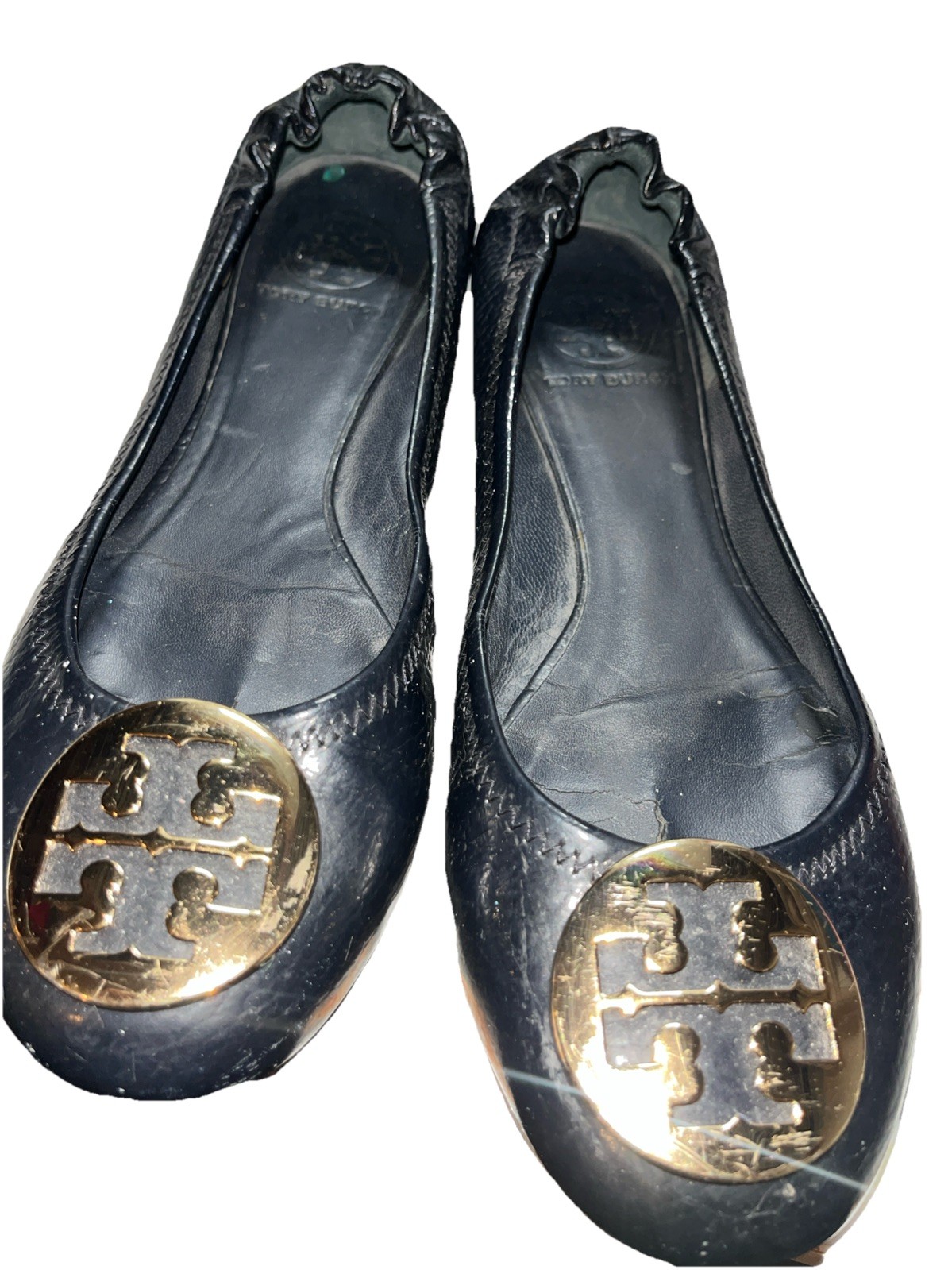 Tory Burch Reva Ballet Flats Women’s 8M Black Patent Leather Gold Logo Classic