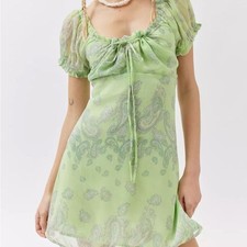 Urban Outfitters Green Becca Printed Puff Sleeve Mini Dress Size Small