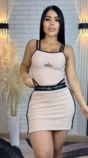 alo Women's Cut-Out Top and Skirt Set Black Beige Sleeveless 2 Piece Outfit