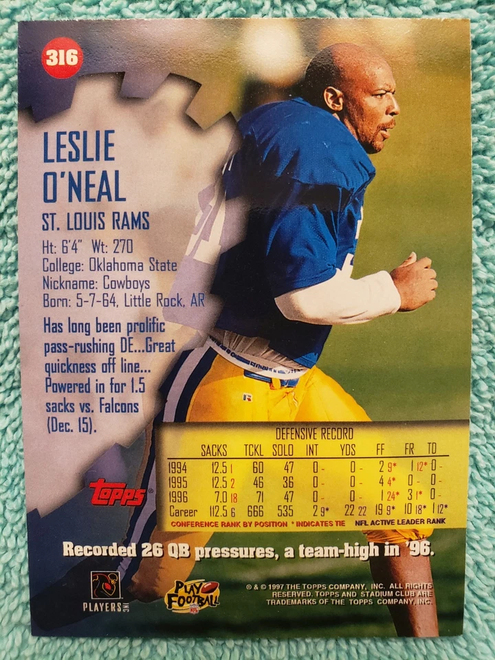 1997 TOPPS STADIUM CLUB LESLIE O'NEAL #316 ST. LOUIS RAMS  - Image 4 of 4