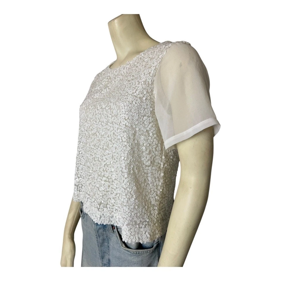 TopShop White Sequined Top Womens Blouse Shirt 2 Casual Summer Cute Brunch  - Image 3 of 4
