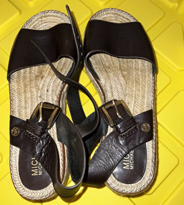 MICHAEL Michael Kors Brown Leather Ankle Strap Buckle Flat Sandals 8.5M