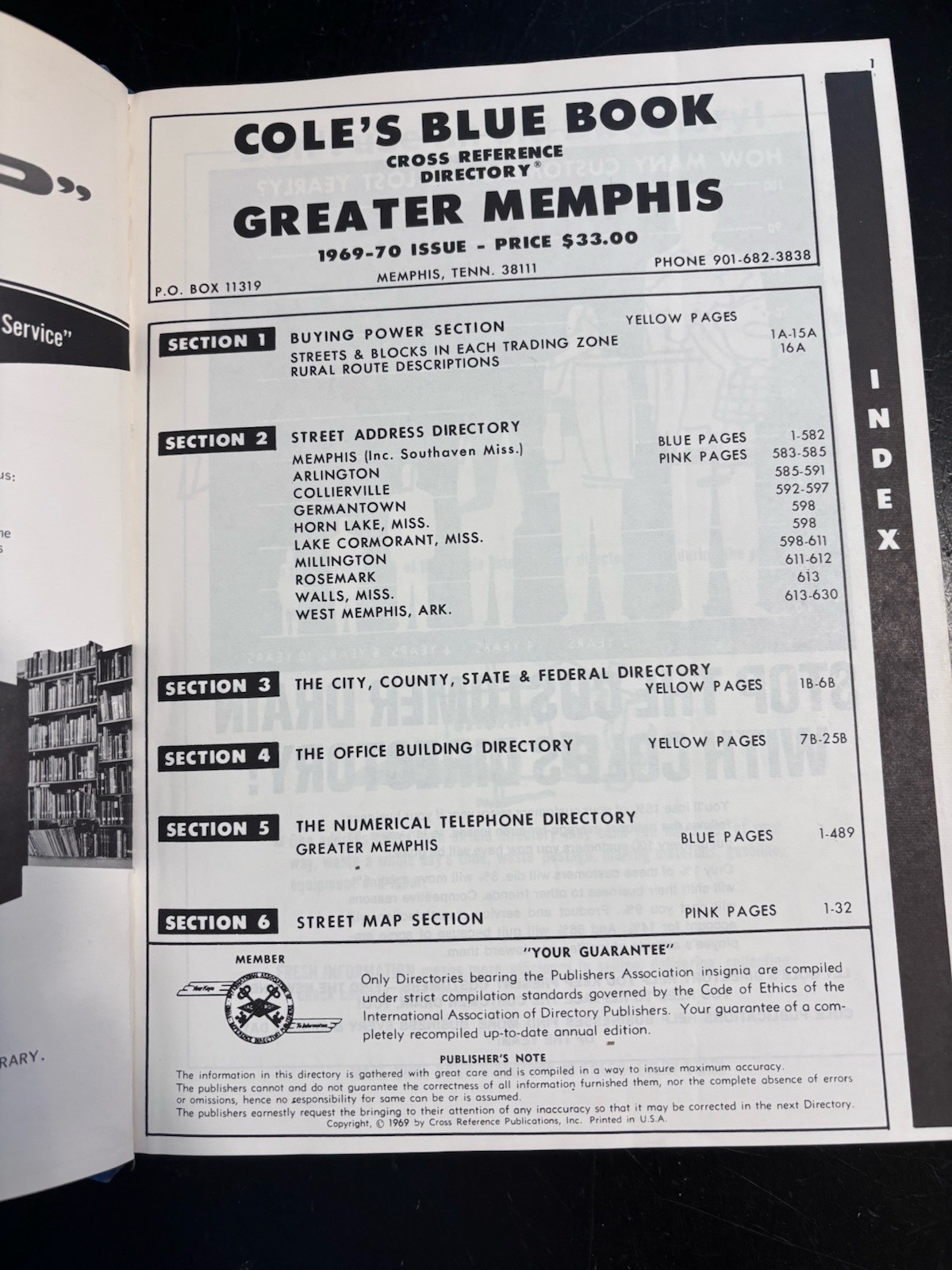 1969-70 COLE'S BLUE BOOK for MEMPHIS, TN. AREA CITY DIRECTORY STREETS TELEPHONE