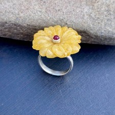 Yellow Aventurine ring : Ruby accent , 925 sterling silver band , Boho Jewelry